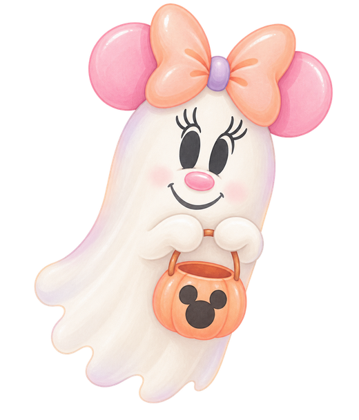 Ghost with a bow holding a treat pail