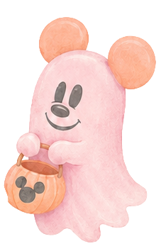 Pink ghost holding a treat pail